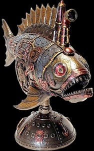 Fritstående steampunk lampefigur med kobber- og messingdetaljer på industriel base